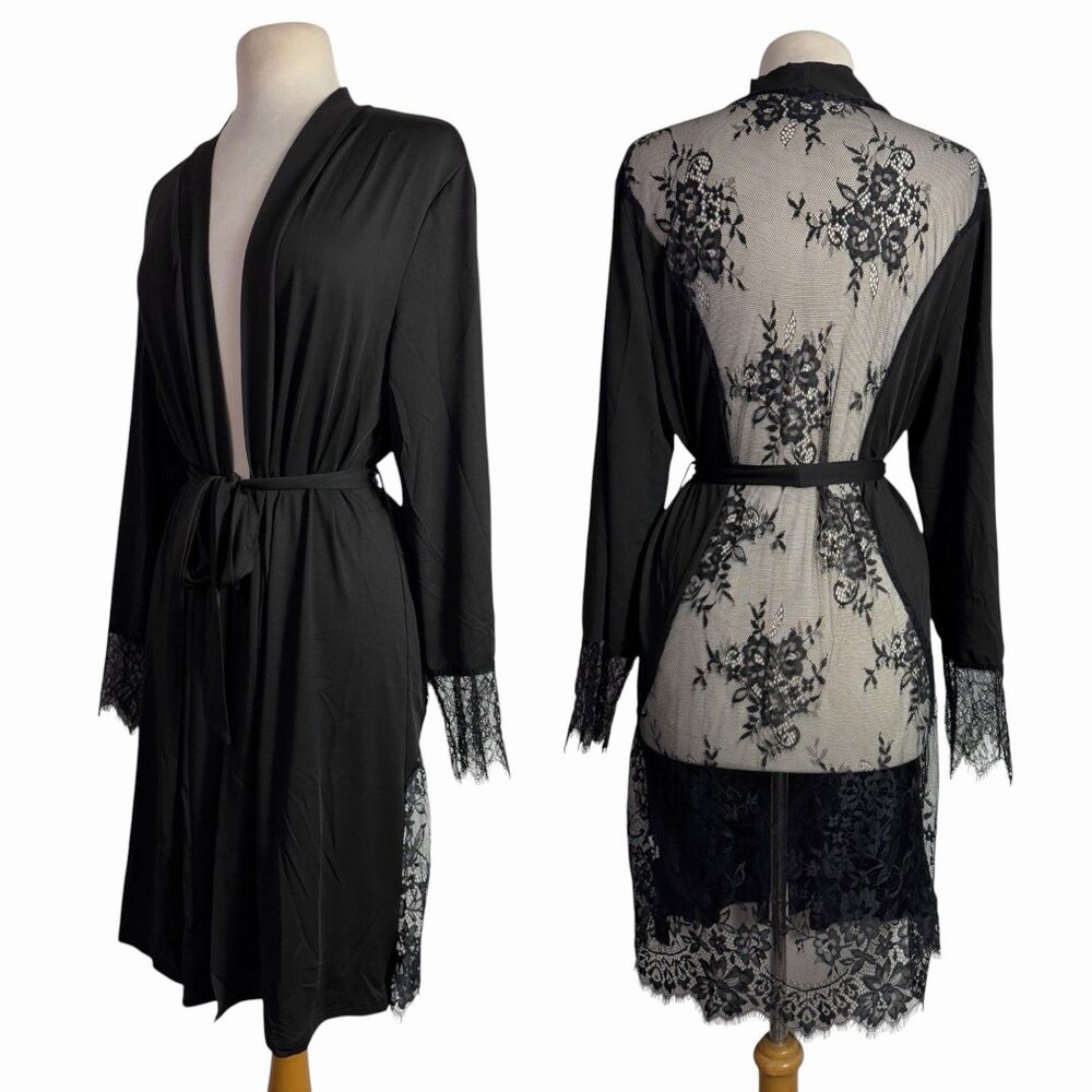 Whimsigoth Black Floral Lace Kimono Robe Sheer Belted Lingerie Cover Up Medium